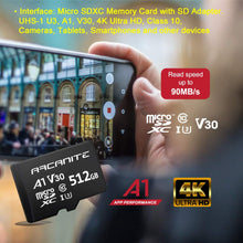 Load image into Gallery viewer, ARCANITE AKV30A1512 512GB microSD XC Memory Card with Adapter - (BLACK)